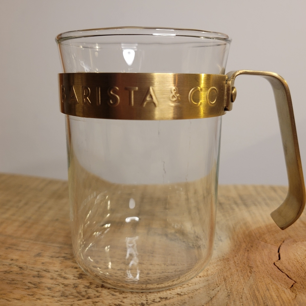 Barista & Co Midnight Gold Glass Cup – Luxury Clear Coffee Mug with Gold Handle